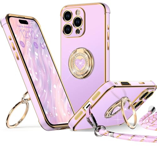 XYZ for iPhone 16 Pro Case with Stand, Double Ring Holder Case Heart with Lanyard for Girls Women, Luxury Cute Bling Protective Phone Cover for iPhone 16 Pro, Purple