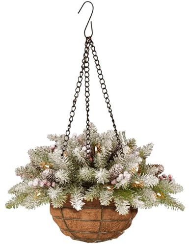 Christmas Hanging Basket 8 Artificial Hanging Flowers for Outdoors with Frosted Pine Cones, Berry Clusters Realistic Fake Hanging Flowers for Courtyard Porch Decor, Christmas Hanging Basket