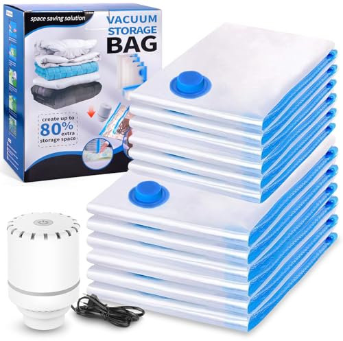 BUOAZR Sacchetti Sottovuoto Vestiti 12 Pezzi 6L 80x60cm, 6S 60x40cm con Pompa Elettrica, Sacchi Sottovuoto Riutilizzabili Per Contenere, Vestiti, Lenzuola, Piumoni, Cuscini, Coperte, Viaggi