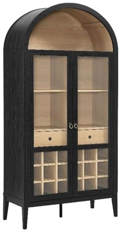 Modway Nolan Modern Farmhouse Arched Bar Cabinet in Black Wood Grain - 72 Inch Tall Wine Storage Cabinet with Glass Doors and Wine Rack - Large Liquor Cabinet for Dining or Living Room