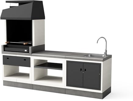 TUOZI - PACK 35 KITAWAY – Outdoor Kitchen Kitaway con Barbacoa OTTE (68,5 x 42 cm), Módulo de Fregadero y Grifo Inoxidable, Cajón Metálico y Puerta Doble para Carbón y Leña (252 x 63 x 206 cm)