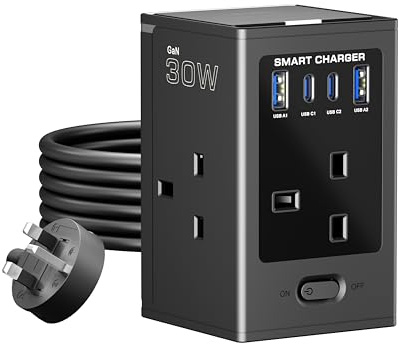 LIPWEL Extension Lead with USB Slots Surge Protected, 4 Way 13A 3250W Overload Protection Switch 5FT Extension Cord Multi Plug Socket 30W GaN Fast Charging (2 USB-A & 2 USB-C) for Office Home
