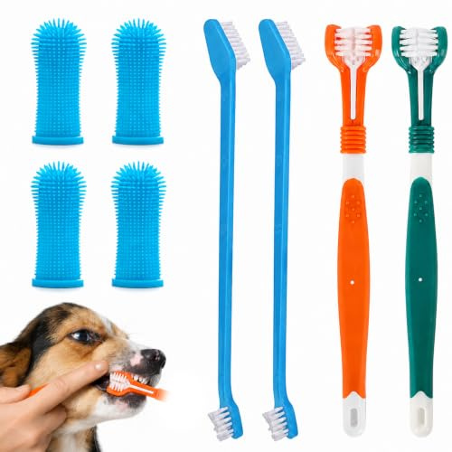 Dog Toothbrush Set 2PCS Triple Heads Toothbrushes 4PCS Finger Toothbrushes