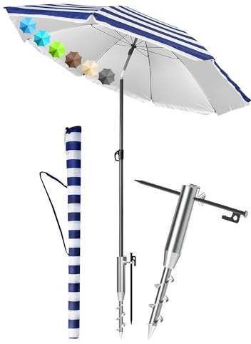 Menz Sonnenschirm Strand UPF 50 mit Eindrehbodenhülse, Ø 180 cm, Blau-Weiß