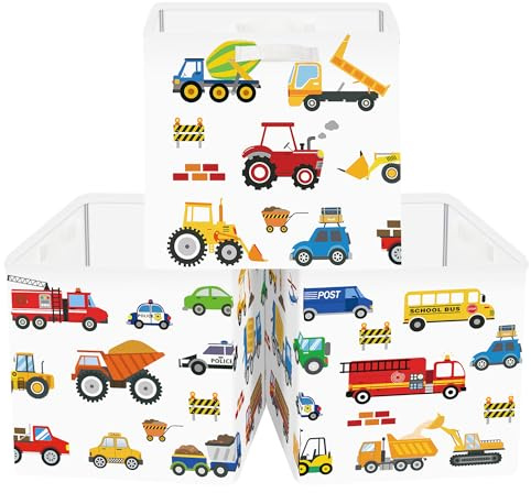 Clastyle 3 Stück Autos Aufbewahrungsbox Stoff für Kallax Faltbar Aufbewahrungskorb Klein Schrank Organizer Kleiderschrank für Regal,Cartoon Auto,30x30x30 cm