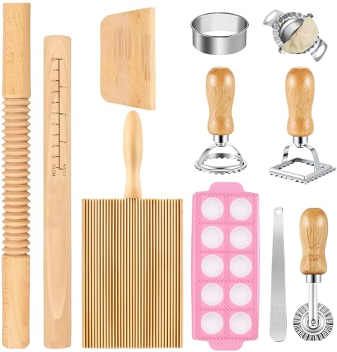 Pasta Making Tools Set, 11 PCS Wood Pasta Maker Set, Pasta Rolling Kit | Gnocchi Board, Dough Scraper, Ravioli Maker Cutter, Dumpling Maker Tool, Stuffing Spoon, Rolling Pin, Pasta Stamp