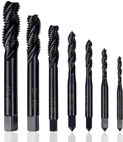 KEWAYO 7pcs Tap Drill Bits Set, HSS Spiral Point Tap Set for Metal, Wood, Alloy, Plastic (M3 M4 M5 M6 M8 M10 M12)