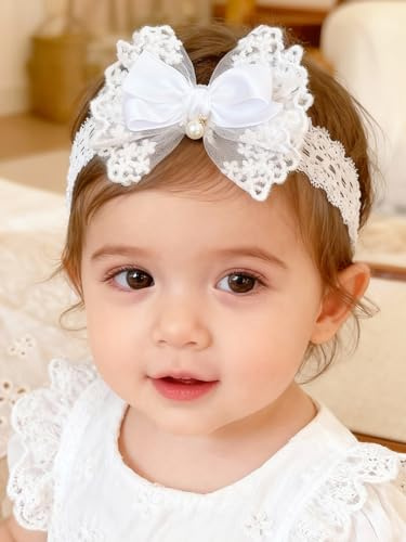 ICKEYOU Baby Girls Headband White Bow Lace Headbands Soft Elastic Bowknot Hairbands Cute Hair Accessory for Newborn Kids Infant Toddler Baptism Birthday Party (Lace Pearl)
