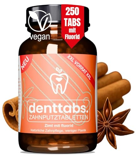 Denttabs tandborsttabletter med utsökt kanelsmak 250 stycken i XXL-glas med fluor