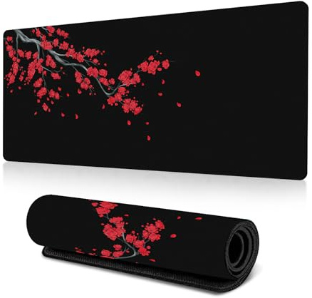 Gaming Mouse Pad XL, 800x300x3mm Large Gaming Mouse Mat Extended Keyboard and Mouse Pad Mat Non-Slip Rubber Base with Stitched Edges for PC,Office & Home Gaming (Cherry Blossom-Black Red, 800*300*3mm)