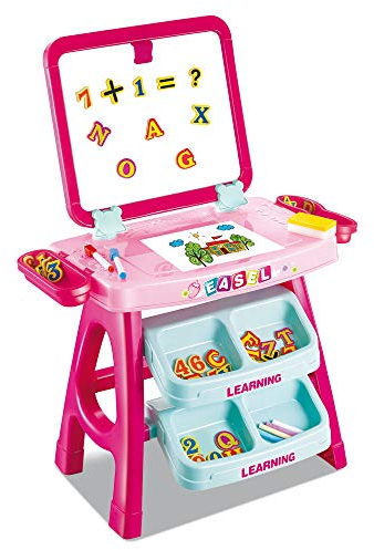 BAKAJI Lavagna Magnetica Per Bambini 2 in 1 Doppia Area di Disegno Con Cavalletto e Scomparti Completo Di Accessori Numeri e Lettere Dimensioni 43 x 39,5 x 74 cm (Rosa)