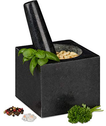 Relaxdays Mortero Granito con Mano, Cuadrado, Duradero, Especias, Ajo, Moledor Piedra Pulida, 9,5x11x11cm, 250ml, Gris