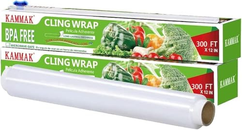 Plastfolie med glidskärare 30 cm x 300 kvadratfot rulle KAMMAK fastsättande wrap för mat, BPA-fri, mikrovågsugnssäker kök snabbklippt matservice film (paket med 2)