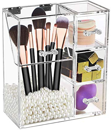 discoball Make-up-Pinselhalter Organizer mit Deckel Staubdicht Kosmetik-Organizer Aufbewahrungsbox mit Perle Transparent Quadratisch