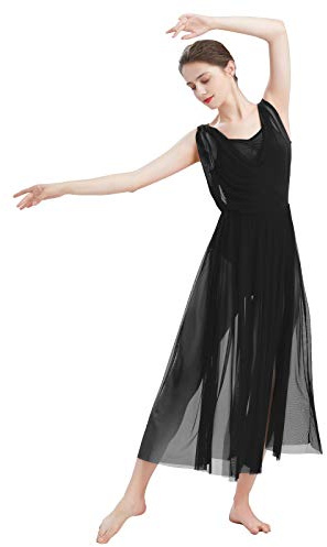 ODASDO Women Lyrical Modern Contemporary Dance Costume Ballet Leotard Drop V-Neck Backless Split Mesh Tulle Skirt Flowy Overlay Long Dress Ballroom Pageant Clothes Black L