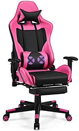 GIANTEX Massage Gaming Chair Pink, Ergonomic Video Game Chair with Footrest, High Back E-Sport Computer Chair with Headrest & Massager Lumbar Support, PU Leather Gaming Seat