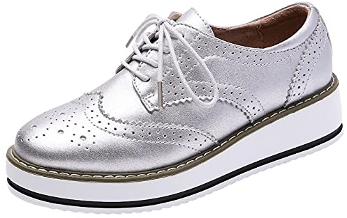 ANUFER Dam snörsko brogues plattform Creepers casual sneakers skor, SILVER, 35.5 EU