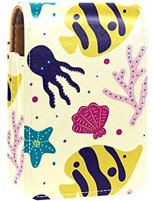 Make-up-Lippenstift-Etui für Außenmuster, Koralle und Meer, tragbarer Lippenstift-Organizer mit Spiegel, Mini-Make-up-Tasche für bis zu 3 Lippenstifte, Mehrfarbig, 9.5x2x7 cm/3.7x0.8x2.7 in