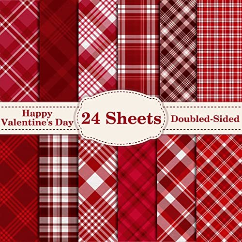 Whaline 12 Designs Valentinsmuster-Papier, Packung mit 24 Bögen, rotes Büffel-Karo, Scrapbook Spezialpapier, doppelseitig, dekoratives Bastelpapier für Kartengestaltung, Scrapbook