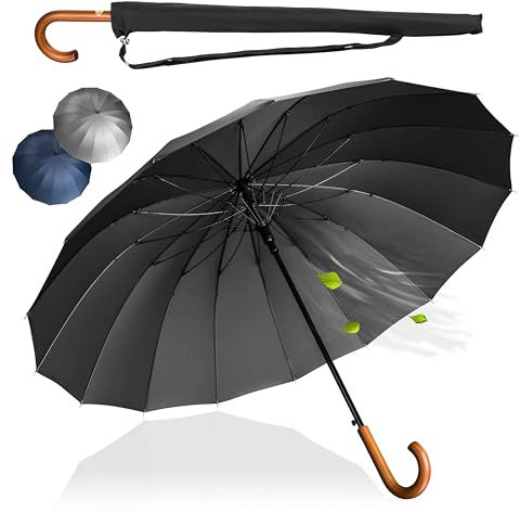 LOGAN & BARNES Stockschirm Sturmfest Ø120cm mit hochwertigem Echtholzgriff und geräuschloser Gummispitze - XXL Regenschirm Groß mit 16 Streben - Modell EDINBURGH (Schwarz)