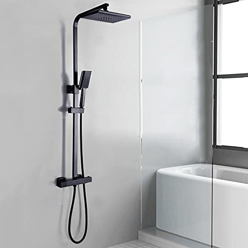Duschset mit Thermostat Duschsystem mit Kopfbrause Handbrause Duschset Eckig Messing Edelstahl Schwarz Matt Duscharmatur Regendusche Duschamatur Schwarz Bad Duschset Duschsystem Regendusche