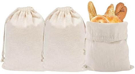 Vordpe 3 sacchetti per pane in lino, con coulisse, riutilizzabili, per pane, baguette, frutta, verdura (30 x 40 cm)