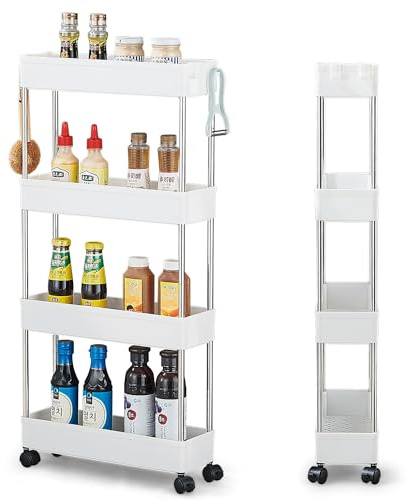 Wopeite Küchenwagen mit 4 Ebenen, Küchenregal, Nischenregal auf Rollen, Rollwagen, nischenregal 13 cm breit, Aufbewahrungsregal für Küche, Büro, Bad, Waschküche, Kunststoff 40 x 13 x 86 cm