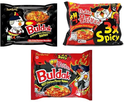 Samyang 3x Buldak Ramen Hot Chicken & 2-fach Spicy Chicken & 3-fach Spicy Chicken Set Probierpaket Stir Fry Noodles Geschenkset (3x140 g)