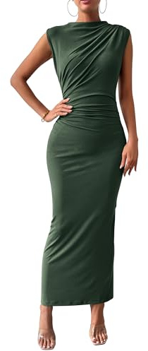 BTFBM Women Ruched Bodycon Maxi Dresses Summer Casual Sleeveless Lightweight Slit Elegant Cocktail Wedding Guest Dress(Army Green, Medium)