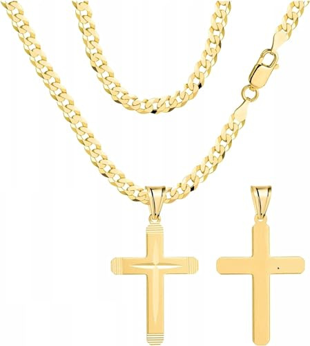 Amor Lyxig guldkedja män 585, guldkrucifix 925/585 halsband män – korskedja – guldkors för män – halsband män guld, katolskt kors guldhänge, herrsmycken, 70 cm, Sterlingsilver