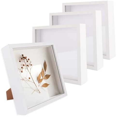 LOPYXBR 4PCS Shadow Box Frame 8x8 Inch Deep Box Frames for Crafts 3D Deep, White Deepes Picture Frames Boxes Display for Memory Crafts Flowers Wedding, Tabletop and Wall Hanging