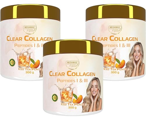 Megamax Nutrition - 3x300 g - Clear Collagen Peptide - 25 g Protein bei 3 Portionen - Pfirsich Eistee - Pulver Ice Tea Peach - klar wie Isoclear