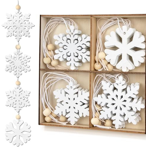Schneeflocken Holz Weihnachtsbaumschmuck, 24 Stück Weihnachtsanhänger Holzanhänger Deko, Christbaumschmuck Anhänger mit Juteseil, weiß Verzierung für Weihnachten DIY Handwerk Basteln