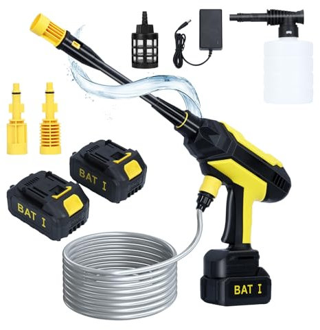 Fiauli Rondella ad alta pressione a batteria, idropulitrice portatile con batteria ricaricabile 21V 2, tubo di scarico, ugello 6 in 1, idropulitrice elettrica per auto, pavimento, recinzione, giallo