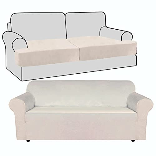 Stretch-Samt-Sofabezug-Set mit 2 T-Kissenbezügen, luxuriös, beige