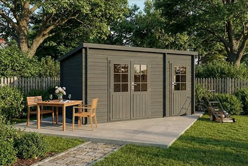Alpholz Gartenhaus Maria 450x272cm aus Holz Impräg. Grau 40mm Wandstärke | aus Holz (Nordische Fichte|Kiefer), Blockbohlenbauweise, Pultdach