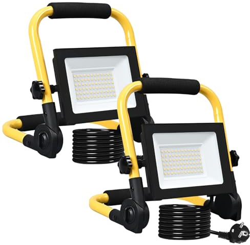Meision LED Baustrahler 50W 4300LM Kaltweiß, Superhell LED Arbeitsscheinwerfer 6500K mit Stecker + 3 Meters Stromkabel, IP66 Tragbar Flutlicht, Baustellenlampe für Baustelle, 2 Stück