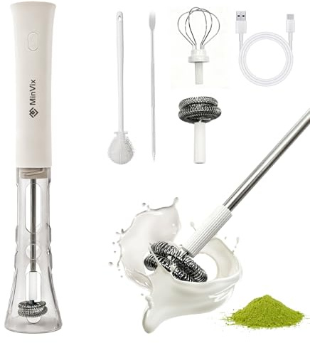 MinVix® Milk Frother Handheld, 2-in-1 Rechargeable Coffee Whisk with Stand | Electric Matcha Whisk, 3-Speed Powerful & Quiet Portable Drink Mixer for Latte, Hot Chocolate, Protein Shakes, Egg Blender