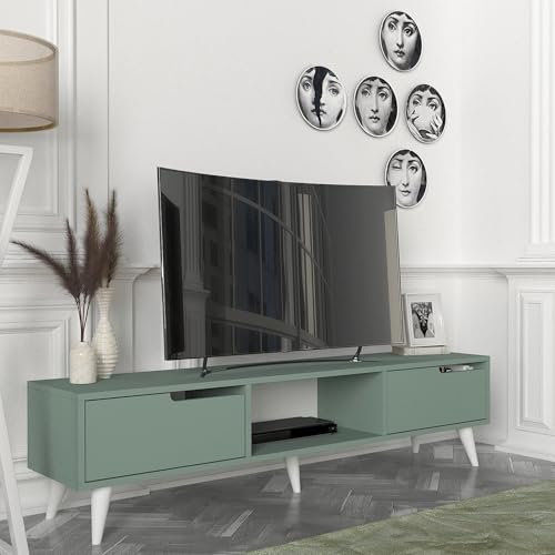 [en.casa] Mobile Porta TV con 2 Ante a Ribalta e Vano Centrale Aperto Tavolo Basso 2 Scomparti Chiusi Stand Multimediale per Soggiorno Salotto 160 x 35 x 40 cm - Verde/Bianco