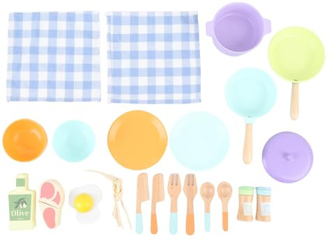 Jouets de Cuisine en Bois, Jeu de Cuisine coloré avec des ustensiles Assiettes en Bois et Plats pour Les Jeux pour Les Enfants et Faire Semblant de Cuisiner des Jeux