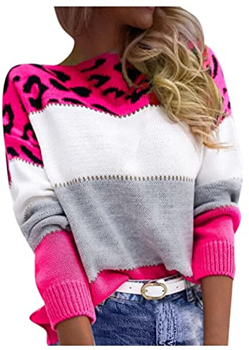 LCpddajlspig Maglione Donna Autunno Invernale - Curvy Maglie Girocollo Maglioni Elegante Caldo Lungo Maglia Maglioncino Leopardo Taglie Forti Fucsia Acceso M