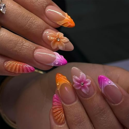 Auroriel 24 pièces ongles pressés amande French tips bicolores longueur moyenne fleur 3D style océan faux ongles design exquis nail art acrylique réutilisables faux ongle