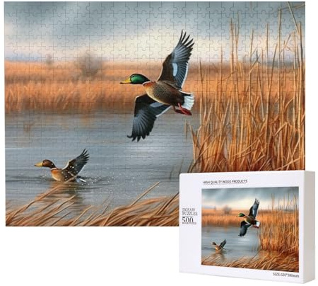 500 Teile Puzzle mit Aufbewahrungsbox, Jagd fliegende wilde Ente, 1 bedrucktes Holzpuzzle 52 x 38 cm, für Erwachsene, Kinder, Familie, lustiges dekoratives Spiel