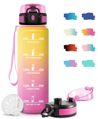 JAPORIA Bouteille Sport 1L, Gourde Motivation sans BPA, Étanche, Gourdes Sport avec Filtre, Gourdes avec Marqueur de Temps, Bouteille d'eau pour Randonnée, Bureau, l'école