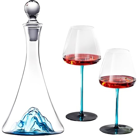 ZTZHYZR Dekanter Rotwein Set, Wein Dekanter Mundgeblasenes, Bleifreies Kristallglas mit Flaschenverschluss und 2 Weinglas, Blaues Eisberg-Design WeinbelüFter Geschenke für Weinliebhaber