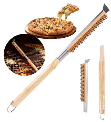 53cm Pizzaofenbürste mit Edelstahlschaber und Messingborsten, Reinigungsbürste mit Ersatzkopf, Grillbürste Holzgriff für Pizzasteine und Solo-Herdöfen