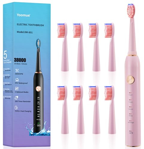 Yoomue Sonic Electric Toothbrush for Adults & Kids - 5 High-Performance Modes, 8 Replacement Heads, 2.5-Hour Fast Charge, Built-in Smart 2-Minute Timer, IPX7 Waterproof, 35 Day Battery Life - Pink