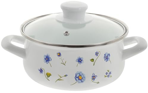 Milisten Enamel Cooking Pot 18cm 1.5l Vintage Double Handle Stockpot with Lid Wear-Resistant Soup Stewing Pot for Home Kitchen
