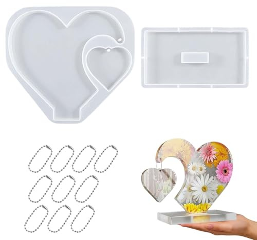 HUILLIGHT Stampo in Silicone Cuore per Resina Epossidica Cornice Fotografica DIY con Base e 10 Catene Colorate Stampo Cuore Riutilizzabile per Decorazioni Matrimonio Compleanno