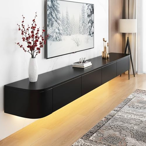 NOYHHAV Meuble TV Suspendu Flottant avec Lumières LED,Aucun Assemblage requis Noir-200CM